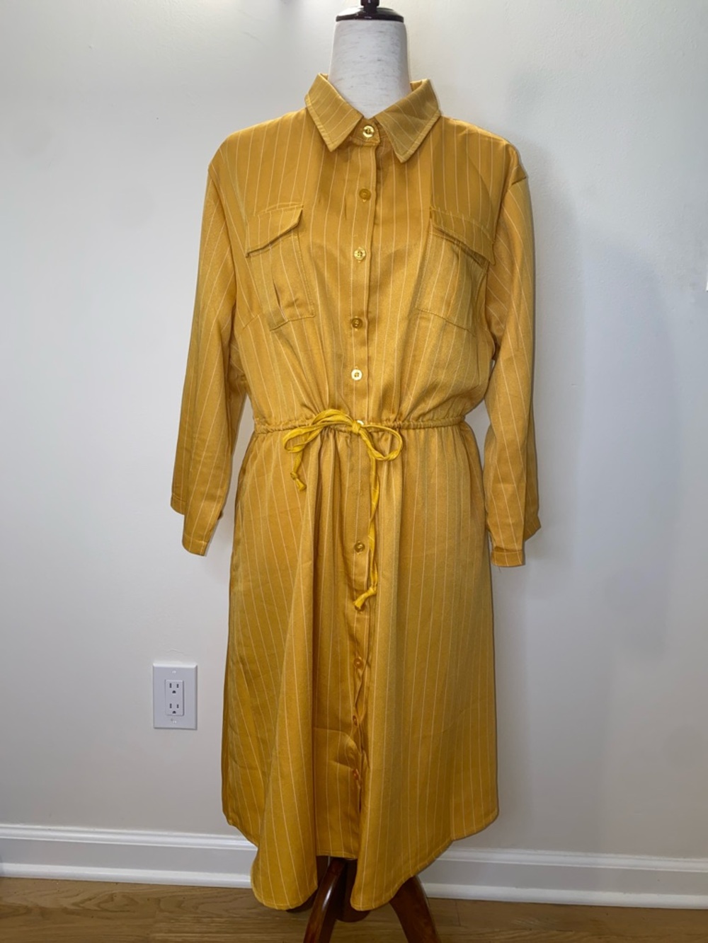Women’s Mustard Yellow Button-Front Shirt Dress with Tie Waist NWT